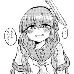 Rule 34 | ..., 1girl, blunt bangs, braid, commentary request, crying, crying with eyes open, curly hair, de ruyter (kancolle), greyscale, hair between eyes, hair ornament, hair over shoulder, hairband, headgear, highres, kantai collection, long hair, looking at viewer, monochrome, neckerchief, poyo (hellmayuge), sailor collar, sailor shirt, school uniform, serafuku, shirt, short sleeves, side braid, simple background, solo, speech bubble, spoken ellipsis, tears, translated, upper body, white background