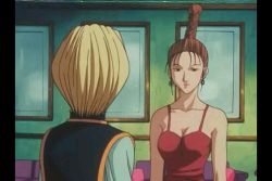 Rule 34 | 1990s (style), 1boy, 1girl, animated, animated gif, baise, bare shoulders, black eyes, blonde hair, blue eyes, braid, breasts, brown hair, camisole, cleavage, earrings, hunter x hunter, jewelry, kurapika, large breasts, lips, lipstick, long hair, makeup, naughty face, retro artstyle, short hair, subtitled, tabard