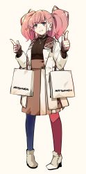 Rule 34 | 1girl, alternate costume, asymmetrical legwear, atlanta (kancolle), bag, blush, blush stickers, boots, brand name imitation, breasts, brown hair, commentary request, double finger gun, doyagao, earrings, finger gun, full body, gloves, grey eyes, highres, ido (teketeke), index finger raised, jacket, jewelry, kantai collection, large breasts, long hair, long sleeves, looking at viewer, mismatched legwear, mitsukoshi (department store), necklace, pantyhose, pointing, product placement, ribbon, shirt, shoes, shopping bag, simple background, skirt, smile, smug, solo, star (symbol), star earrings, twintails, two side up, white background