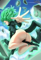 Rule 34 | 1girl, absurdres, ass, aura, black dress, black footwear, blue sky, blurry, blurry background, breasts, cloud, curly hair, dress, flipped hair, floating, floating hair, floating rock, foreshortening, green eyes, green hair, hammerofsolace, high heels, highres, legs, long sleeves, looking at viewer, medium hair, one-punch man, open hand, outstretched arm, parted lips, profile, psychic, pumps, sideways glance, sky, small breasts, solo, tatsumaki, telekinesis, thighs