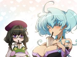 Rule 34 | 2girls, ahoge, bare shoulders, beret, black dress, black hair, blue background, blue hair, blush, braid, breast envy, bubble tea, bubble tea challenge, buttons, cagliostro (symphogear), cheating (competitive), choker, closed eyes, collarbone, condensation, cup, detached sleeves, disposable cup, dress, drinking, drinking straw, flower, frilled ribbon, frilled shirt, frills, frog, glasses, gradient background, green-framed eyewear, hair between eyes, hair flower, hair ornament, hands on own chest, hands up, hat, heart, heart background, holding, holding stuffed toy, illi44, long hair, long sleeves, looking at another, medium hair, motion lines, multiple girls, object on breast, parted lips, pink background, prelati (symphogear), purple eyes, purple headwear, ribbon, semi-rimless eyewear, senki zesshou symphogear, shiny skin, shirt, strapless, strapless dress, stuffed animal, stuffed frog, stuffed toy, tentacle hair, twin braids, two side up, unbuttoned dress, upper body, white background, white ribbon