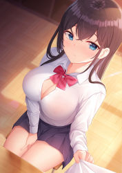 Rule 34 | 1girl, between legs, blue eyes, blush, bow, bowtie, breasts, brown hair, button gap, chair, cleavage, closed mouth, clothes grab, collared shirt, commentary request, dress shirt, from above, hand between legs, hicha nomu, highres, indoors, large breasts, long hair, long sleeves, looking at viewer, looking up, miniskirt, no bra, nose blush, original, pink bow, pink neckwear, pleated skirt, purple skirt, school uniform, shirt, sitting, skirt, sleeve grab, solo focus, thighs, wooden floor