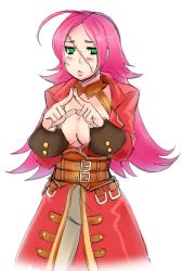 Rule 34 | 10s, 1girl, ahoge, belt, blush, breasts, cleavage, corset, fate/extra, fate (series), fingers together, francis drake (fate), green eyes, index fingers together, jacket, kekekeke, large breasts, long hair, pants, pink hair, scar, solo