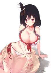 Rule 34 | 1girl, absurdres, arm support, bikini, black hair, breasts, cleavage, frilled bikini, frills, hair ornament, highres, kantai collection, large breasts, looking at viewer, momimaki, one-hour drawing challenge, red eyes, sarong, short hair, simple background, sitting, solo, swimsuit, white background, white bikini, yamashiro (kancolle), yokozuwari