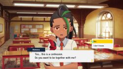 Rule 34 | 1girl, arrow (symbol), brown eyes, ceiling, character name, classroom, collared shirt, commentary, creatures (company), dialogue box, dialogue options, english text, eyelashes, fingerless gloves, freckles, game freak, gazing eye, gloves, green hair, highres, indoors, logo, looking at viewer, multicolored hair, necktie, nemona (pokemon), nintendo, open mouth, orange necktie, pokemon, pokemon sv, ponytail, school uniform, shirt, single glove, solo, streaked hair, two-tone hair, white shirt