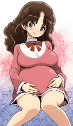 Rule 34 | 1girl, breasts, brown hair, closed mouth, dress, eyelashes, grey eyes, hands on own stomach, highres, large breasts, long hair, long sleeves, muramasa mikado, olive oyl (princess maker 2), pink dress, pregnant, princess maker (series), princess maker 2, sitting, smile, solo