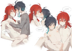 Rule 34 | 2boys, absurdres, black hair, blue eyes, blue hair, braid, censored, closed mouth, diluc (genshin impact), genshin impact, gradient hair, grey shirt, highres, kiss, kkopoli, korean text, long hair, long sleeves, male focus, mosaic censoring, multicolored hair, multiple boys, nipples, nude, open mouth, penis, ponytail, red eyes, red hair, sex, sex from behind, shirt, testicles, translation request, twin braids, venti (genshin impact), yaoi