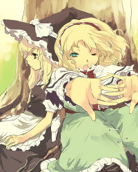 Rule 34 | 2girls, ;o, against tree, alice margatroid, apron, blonde hair, blue eyes, blue hair, boots, bow, capelet, cross-laced footwear, dress, female focus, forest, hairband, hat, hat bow, kirisame marisa, lace-up boots, long hair, messy hair, multiple girls, nature, one eye closed, outdoors, sash, short hair, sitting, stretching, touhou, tree, witch, witch hat, yawning, yellow eyes, yuu (kfc)