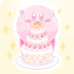 Rule 34 | anniversary, blue eyes, cake, candle, food, fork, fruit, highres, holding, holding fork, holding spoon, icing, kirby, kirby (series), nintendo, no humans, open mouth, plate, siho1209, solo, sparkle, spoon, strawberry, white background