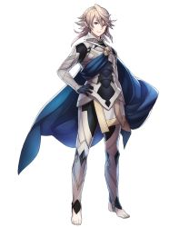 Rule 34 | 1boy, armor, barefoot, black gloves, blue cape, cape, collar, corrin (fire emblem), corrin (male) (fire emblem), fire emblem, fire emblem fates, fire emblem heroes, full body, gloves, hand on own hip, highres, light smile, looking at viewer, maiponpon, male focus, nintendo, official art, pointy ears, red eyes, silver hair, solo, spiked hair, toeless legwear, toes, transparent background