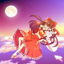 Rule 34 | 1girl, breasts, covering own mouth, detached sleeves, female focus, flying, full moon, gohei, hakurei reimu, hand over mouth, hand over own mouth, japanese clothes, midriff, miko, moon, mountain of faith, sandals, sen1986, sideboob, sky, solo, touhou