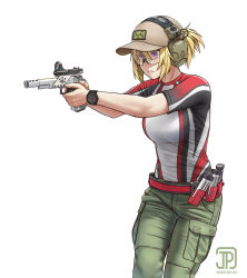 Rule 34 | 1girl, baseball cap, blonde hair, commentary, ear protection, english commentary, finger on trigger, goggles, gun, handgun, hat, holding, holding gun, holding weapon, jpc, original, pistol, ponytail, purple eyes, safety glasses, solo, watch, weapon, white background, wristwatch