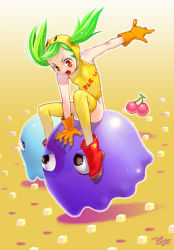 Rule 34 | 1girl, artist name, bare shoulders, boots, breasts, cherry, cosplay, crossover, dated, eye contact, floating, food, fruit, full body, ghost, gloves, gradient background, green hair, inky, inky (pac-man), leotard, long hair, looking at another, namco, orange eyes, orange gloves, pac-man, pac-man (cosplay), pac-man (game), parody, pinky (pacman), red footwear, riding, simple background, skinny, small breasts, solo, task owner, thighhighs, thighhighs under boots, twintails, yellow background, yellow leotard, yellow thighhighs