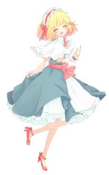 Rule 34 | 1girl, alice margatroid, aoi (annbi), ascot, blonde hair, blue dress, bow, capelet, dress, closed eyes, frilled dress, frills, full body, hair bow, hairband, high heels, highres, lolita hairband, open mouth, petticoat, ribbon, sash, short hair, simple background, smile, solo, touhou, white background, wrist cuffs