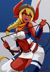 Rule 34 | 1girl, absurdres, black sclera, blonde hair, braid, breasts, cat o&#039; nine tails, chaps, colored sclera, colored skin, cowboy hat, cowgirl (western), demon girl, demon horns, demon tail, fringe trim, hat, highres, holding, holding whip, horizontal pupils, horns, large breasts, long hair, looking at viewer, navel, original, pointy ears, red skin, scarf, sharp teeth, solo, tail, teeth, toipokun oyashi, whip, yellow eyes