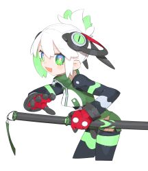 Rule 34 | 1girl, :d, absurdres, black bodysuit, bodysuit, cheri zao, commentary request, cropped jacket, cropped legs, fang, gloves, green eyes, green hair, green jacket, hair between eyes, highres, holding, holding sheath, jacket, leaning forward, multicolored hair, open mouth, original, red gloves, sheath, sheathed, simple background, smile, solo, two-tone hair, white background, white hair