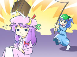 Rule 34 | 2girls, :d, anger vein, angry, blue hair, book, female focus, fishing, fishing rod, kawashiro nitori, long sleeves, multiple girls, open mouth, patchouli knowledge, purple eyes, purple hair, short hair, smile, touhou, two side up