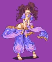 Rule 34 | 1girl, arabian clothes, bracelet, bridal gauntlets, brown eyes, brown hair, dancer, earrings, glaceo, jewelry, kujikawa rise, looking at viewer, open mouth, persona, persona 4, persona 4: dancing all night, persona dancing, pixel art, puffy short sleeves, puffy sleeves, purple background, short sleeves, solo, twintails