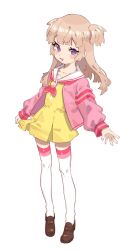 Rule 34 | 1girl, :d, ahoge, blunt bangs, blush, brown footwear, brown hair, cardigan, dress, fugota6509, full body, highres, loafers, long hair, long sleeves, looking at viewer, neckerchief, open mouth, paprika private academy school uniform, pink cardigan, pink neckerchief, pretty series, pripara, purple eyes, sailor collar, school uniform, shoes, short dress, simple background, smile, solo, standing, thighhighs, tsukikawa chili, tsukikawa chili (normal), two side up, white background, white sailor collar, white thighhighs, yellow dress