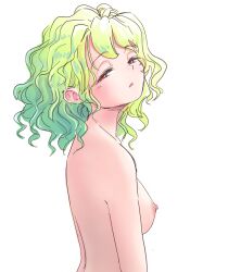 Rule 34 | 1girl, breasts, commentary request, completely nude, gradient hair, green hair, half-closed eyes, kazami yuuka, looking to the side, multicolored hair, nipples, nude, open mouth, red eyes, s-a-murai, short hair, small breasts, solo, touhou, upper body, variant set, wavy hair, white background