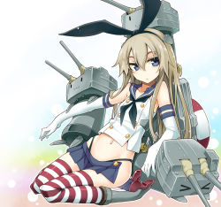 Rule 34 | &gt; &lt;, 10s, 1girl, anchor, anchor hair ornament, black panties, blonde hair, blue eyes, blush, closed eyes, elbow gloves, flat chest, gloves, hair ornament, hairband, kantai collection, kodama yuu, lifebuoy, long hair, looking at viewer, navel, panties, personification, rensouhou-chan, shimakaze (kancolle), skirt, solo, striped clothes, striped thighhighs, swim ring, thighhighs, underwear, white gloves