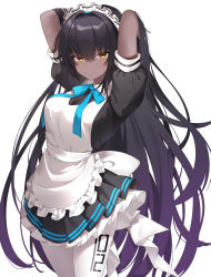 Rule 34 | 1girl, absurdres, ahoge, aoitsuki, apron, arms behind head, arms up, black dress, black hair, blue archive, blue bow, blue bowtie, blue ribbon, blush, bow, bowtie, breasts, cowboy shot, dark-skinned female, dark skin, dress, frilled apron, frills, gloves, gradient hair, hair between eyes, halo, hands in hair, highres, karin (blue archive), large breasts, long hair, looking at viewer, maid, maid apron, maid headdress, multicolored hair, neck ribbon, open mouth, pantyhose, parted lips, pleated dress, puffy short sleeves, puffy sleeves, purple hair, ribbon, short sleeves, simple background, solo, standing, very long hair, white apron, white background, white gloves, white pantyhose, yellow eyes