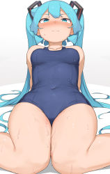 Rule 34 | 1girl, abmayo, aqua eyes, aqua hair, arms behind back, bare shoulders, blue one-piece swimsuit, blush, breasts, collarbone, commentary request, covered navel, dot nose, embarrassed, feet out of frame, hatsune miku, highres, leaning back, long hair, looking at viewer, medium breasts, nose blush, one-piece swimsuit, school swimsuit, simple background, sitting, solo, sweat, swimsuit, thighs, twintails, very long hair, vocaloid, wavy mouth, wet, wet clothes, wet swimsuit, white background