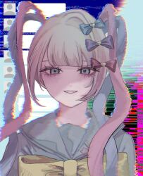 Rule 34 | 1girl, aegyo sal, blonde hair, blue bow, blue eyes, blue hair, blue screen of death, blue shirt, blunt bangs, bow, chouzetsusaikawa tenshi-chan, error message, glitch, hair bow, hair ornament, heart, heart hair ornament, highres, kawaii is curse, long hair, looking at viewer, multicolored hair, multiple hair bows, needy girl overdose, open mouth, pink bow, pink hair, purple bow, quad tails, sailor collar, shirt, smile, solo, upper body, yellow bow