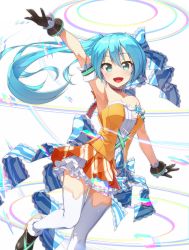 Rule 34 | 1girl, :d, aqua eyes, aqua hair, arm up, armlet, armpits, bare shoulders, black footwear, black gloves, blue bow, blush, bow, breasts, choker, cleavage, decorator, eyebrows, frilled skirt, frills, fur trim, gloves, gluteal fold, hair bow, hatsune miku, highres, kuroneko shiro, layered skirt, leg up, long hair, looking at viewer, open mouth, orange skirt, outstretched arm, pleated skirt, project diva (series), project diva f 2nd, shoes, simple background, skirt, smile, solo, standing, standing on one leg, tareme, thigh gap, thighhighs, vocaloid, white background, white thighhighs, zettai ryouiki