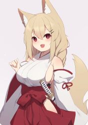Rule 34 | 1girl, :d, absurdres, animal ear fluff, animal ears, blush, breasts, commentary request, detached sleeves, fang, fox ears, fox girl, fox tail, grey background, hair ornament, hairclip, hakama, highres, hinata (user rjkt4745), japanese clothes, katana, large breasts, looking at viewer, miko, open mouth, original, red hakama, skin fang, smile, sword, tail, weapon, white sleeves