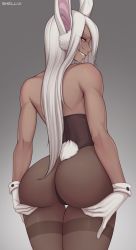 Rule 34 | 1girl, animal ears, artist name, ass, ass support, bare shoulders, blush, boku no hero academia, breasts, brown leotard, dark-skinned female, dark skin, fake animal ears, from behind, gloves, grey hair, hands on own ass, highres, huge ass, large breasts, leotard, long hair, looking at viewer, looking back, mirko, muscular, muscular female, pantyhose, playboy bunny, profile, rabbit ears, rabbit girl, rabbit tail, red eyes, shellvi, smile, solo, sweat, tail, teeth, thigh gap, thighs, white gloves