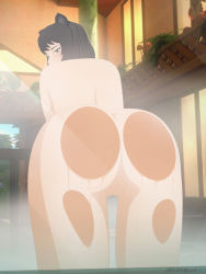 Rule 34 | 1girl, against glass, animal ears, ass, ass press, back, black hair, blake belladonna, blush, cat ears, cat girl, cleft of venus, from behind, glass, huge ass, looking at viewer, looking back, necromalock, nude, pussy, rwby, short hair, solo, thighs, uncensored, yellow eyes