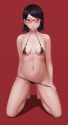 Rule 34 | 1girl, alternate breast size, areola slip, bad id, bad pixiv id, bare legs, bare shoulders, barefoot, bikini, bikini pull, black bikini, black hair, boruto: naruto next generations, breasts, clothes pull, collarbone, commentary request, covered erect nipples, female focus, full body, glasses, groin, highres, kneeling, looking at viewer, medium breasts, micro bikini, mil k vanilla, mouth hold, naruto (series), navel, red-framed eyewear, red background, red eyes, sharingan, short hair, simple background, skindentation, solo, stomach, swimsuit, uchiha sarada