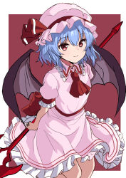 Rule 34 | 1girl, ascot, bat wings, blue hair, breasts, commentary, dress, hat, highres, holding, holding polearm, holding weapon, light blush, looking at viewer, mob cap, petticoat, pink dress, pink eyes, polearm, red ascot, red background, remilia scarlet, short hair, small breasts, smile, solo, spear, spear the gungnir, suberaku, touhou, weapon, wings