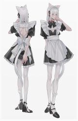 Rule 34 | 1boy, animal ears, apron, backless dress, backless outfit, bad id, bad pixiv id, black bow, black dress, black footwear, black ribbon, blush, bow, cat ears, cat tail, closed eyes, collar, crossdressing, dress, frilled dress, frills, hair ribbon, hand up, highres, long hair, long legs, multiple views, original, pantyhose, puffy short sleeves, puffy sleeves, ribbon, short sleeves, shoulder blades, simple background, sowanai, standing, tail, tail around own leg, white background, white bow, white pantyhose