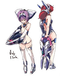 Rule 34 | 2girls, arms behind back, back, back-to-back, back cutout, blush, breasts, clothing cutout, crueltear, dated, elbow gloves, exelica, flat chest, gloves, headgear, holding, july13th, legs apart, looking back, mecha musume, medium breasts, multiple girls, one-piece swimsuit, purple hair, red eyes, red hair, school swimsuit, short hair, simple background, single glove, small breasts, standing, swimsuit, swimsuit costume, thighhighs, trigger heart exelica, white background, white legwear, white one-piece swimsuit, white school swimsuit