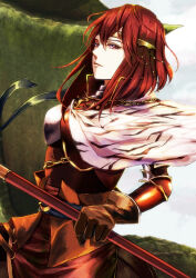 Rule 34 | 1girl, armor, circlet, closed mouth, cowboy shot, dragon, fire emblem, fire emblem: mystery of the emblem, gloves, highres, holding, holding polearm, holding weapon, looking at viewer, minerva (fire emblem), nintendo, polearm, red eyes, red hair, short hair, solo, weapon, wyvern, yori ilrosso