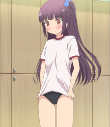 Rule 34 | 10s, 1girl, anime screenshot, black hair, blush, breasts, gym shorts, highres, hinako note, nakajima yua, screencap, shorts, small breasts, solo