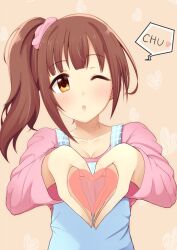 Rule 34 | 1girl, apron, blue apron, blush, breasts, brown background, brown eyes, brown hair, cleavage, collarbone, dot nose, hair ornament, hair scrunchie, hands up, heart, heart background, heart hands, idolmaster, idolmaster cinderella girls, idolmaster cinderella girls starlight stage, igarashi kyoko, long hair, long sleeves, looking at viewer, medium breasts, one eye closed, parted lips, pink scrunchie, pink shirt, scrunchie, shirt, side ponytail, smile, solo, speech bubble, suzutarou gunsou, upper body