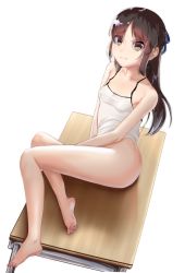 Rule 34 | 1girl, absurdres, arm between legs, ass, bare arms, bare hips, bare shoulders, barefoot, blush, bottomless, bow, breasts, brown eyes, brown hair, collarbone, commentary request, frown, hair bow, highres, idolmaster, idolmaster cinderella girls, long hair, looking at viewer, lying, no bra, on side, risenegi, shirt, simple background, small breasts, solo, table, tachibana arisu, white background, white shirt