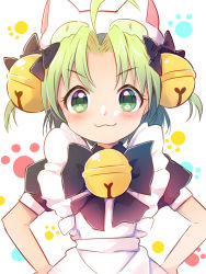 Rule 34 | 1girl, :3, ahoge, animal ears, apron, bell, black bow, black bowtie, blush, bow, bowtie, cat ears, closed mouth, commentary, dejiko, di gi charat, green eyes, green hair, hair bell, hair bow, hair ornament, looking at viewer, maid, medium hair, neck bell, parted bangs, paw print, paw print background, shiramori sawa, short sleeves, smile, solo, upper body, v-shaped eyebrows, white apron, white background