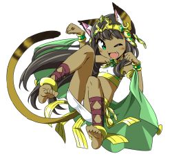 Rule 34 | 1girl, ;d, animal ears, anklet, armlet, bare shoulders, barefoot, bastet (p&amp;d), black hair, blush, bracelet, cat ears, cat tail, cross-laced clothes, cross-laced legwear, dark skin, dark-skinned female, earrings, egyptian, egyptian clothes, fang, full body, green eyes, halterneck, headpiece, jewelry, long hair, lots of jewelry, midriff, necklace, one eye closed, open mouth, panties, pantyshot, paw pose, puzzle &amp; dragons, skirt, smile, solo, strapless, tail, takeya yuuki, tiara, transparent background, tube top, underwear, upskirt, white background, white panties, white skirt