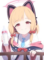 Rule 34 | 1girl, animal ear headphones, animal ears, blonde hair, blue archive, blue necktie, blush, bow, closed mouth, collared shirt, fake animal ears, hair bow, halo, headphones, highres, holding, jacket, long sleeves, looking at viewer, milk, momoi (blue archive), necktie, pink halo, red bow, red eyes, shirt, short hair, simple background, smile, solo, upper body, white background, white jacket, white shirt, yousui 393