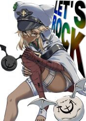 Rule 34 | 1girl, ass, bandaged arm, bandages, blonde hair, clover, dark-skinned female, dark skin, four-leaf clover, guilty gear, guilty gear strive, highres, kaijin-m, looking at viewer, lucifero (guilty gear), orange eyes, ramlethal valentine, red bandage, short shorts, shorts, thigh strap