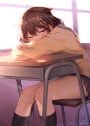 Rule 34 | 1girl, absurdres, ahoge, black skirt, black socks, blue eyes, blush, braid, brown hair, classroom, commentary request, covered mouth, desk, hair flaps, hair ornament, hair over shoulder, half-closed eye, head on table, highres, kantai collection, kneehighs, knees together feet apart, light particles, long hair, looking at viewer, nyum, one eye closed, pleated skirt, school uniform, serafuku, shigure (kancolle), shigure kai ni (kancolle), sidelocks, signature, single braid, sitting, skirt, socks, solo, sunlight, sunset, sweater, thighs, twitter username, waking up, window, yellow sweater