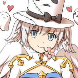 Rule 34 | 1girl, arch bishop (ragnarok online), black bow, blue dress, blue eyes, bow, character print, cleavage cutout, closed mouth, clothing cutout, commentary request, cross, dress, flower, flower in mouth, ghost, hat, hat bow, heart, looking at viewer, natsuya (kuttuki), pink flower, print headwear, ragnarok online, short hair, short twintails, simple background, smile, top hat, twintails, two-tone dress, upper body, whisper (ragnarok online), white background, white dress, white hair, white headwear