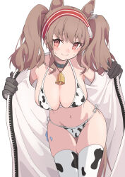 Rule 34 | 1girl, @ @, absurdres, angelina (arknights), animal ears, animal print, arknights, bell, bikini, black gloves, blush, breasts, brown hair, cleavage, closed mouth, cow print, cow print bikini, crying, crying with eyes open, embarrassed, fox ears, fox girl, gloves, highres, jacket, jewelry, large breasts, leaning forward, long hair, looking at viewer, navel, necklace, nervous smile, open clothes, open jacket, print bikini, red eyes, simple background, smile, sweat, swimsuit, tears, thighhighs, twintails, white background, yuuko (oruta)