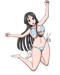 Rule 34 | 1girl, akiyama mio, artist request, barefoot, bikini, black eyes, bouncing breasts, breasts, cleavage, curvy, female focus, highres, jumping, k-on!, long hair, looking at viewer, navel, open mouth, shiny skin, smile, solo, spoon, swimsuit
