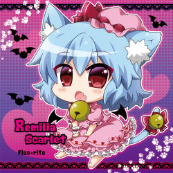 Rule 34 | 1girl, :d, animal ears, bad id, bad pixiv id, bat (animal), bat wings, bell, blue hair, cat ears, cat tail, character name, chibi, dress, frilled dress, frills, hat, kemonomimi mode, looking at viewer, mob cap, noai nioshi, open mouth, pink dress, red eyes, remilia scarlet, short hair, smile, solo, tail, touhou, wings