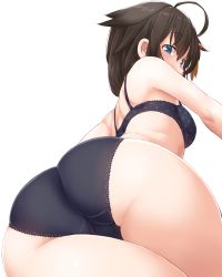 Rule 34 | 1girl, ahoge, ass, black bra, black panties, blue eyes, blush, bra, brown hair, dd (ijigendd), from behind, hair between eyes, hair flaps, hair ornament, hair over shoulder, highres, hip focus, huge ass, kantai collection, looking at viewer, looking back, panties, polka dot, polka dot bra, shigure (kancolle), shigure kai ni (kancolle), short hair, simple background, solo, thick thighs, thighs, underwear, underwear only, white background, wide hips